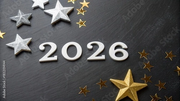 Fototapeta Minimal New Year decor flat lay with stars and 2026 on black table