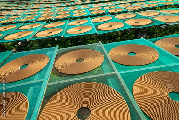 Fototapeta Endless Rows of Traditional Spiral Incense Coils Drying on Green Mesh Racks at Chinese Factory