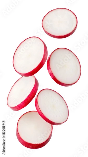 Fototapeta Several fresh round red and white radish slices are playfully falling through the air. Transparent png isolated for culinary design.
