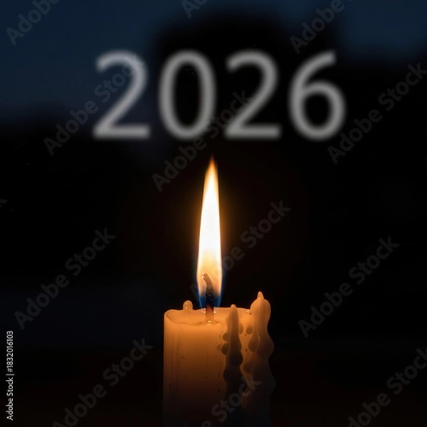 Fototapeta Single candle glow with subtle 2026 text in the background