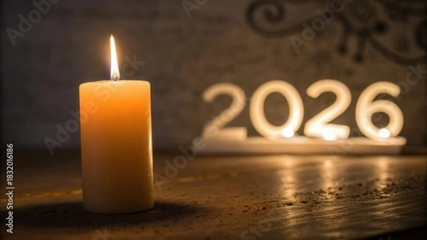 Fototapeta Subtle 2026 text behind single candle glow in background
