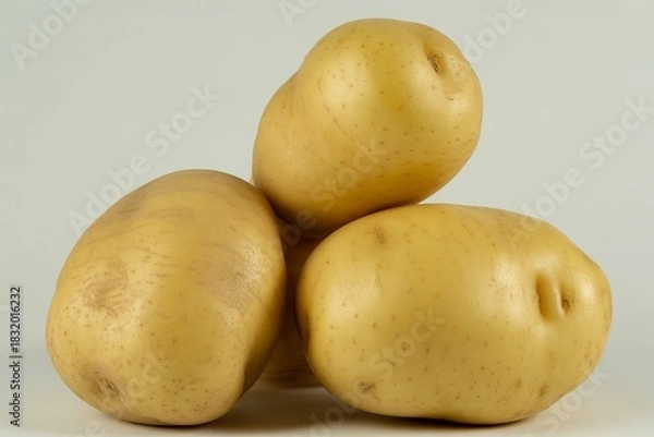 Fototapeta Three fresh potatoes stacked together isolated on white background