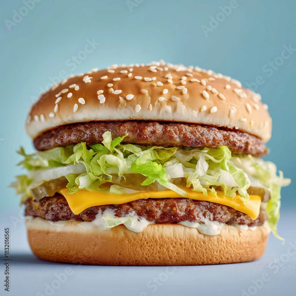Obraz Cheeseburger with Lettuce and Sesame Seed Bun on Blue Background
