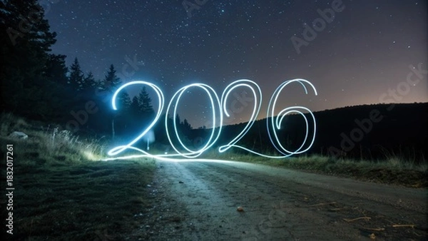 Fototapeta Soft abstract light trails forming 2026 on dark backdrop