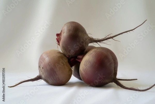Fototapeta Three fresh beets with roots and stems isolated on white background