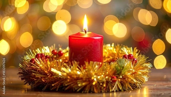 Fototapeta Festive red candle burning on a golden wreath with bokeh lights.