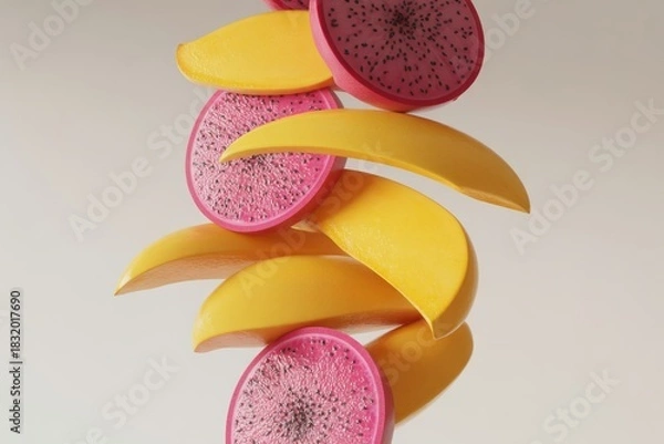 Fototapeta Stack of sliced dragon fruit and mango pieces isolated on white background
