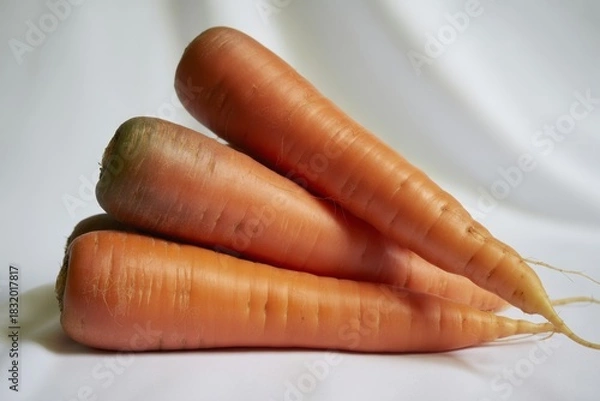 Fototapeta Three fresh carrots stacked on a white background isolated on white background