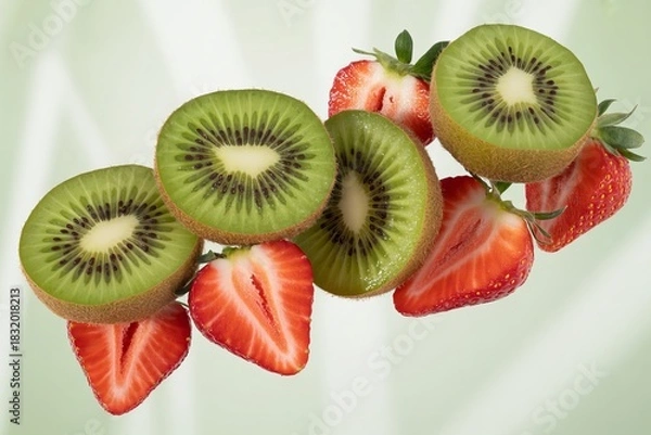 Fototapeta Fresh kiwi and strawberry slices isolated on white background