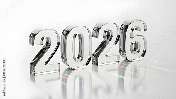 Fototapeta Modern glass-style 2026 numbers with colorful light refractions.