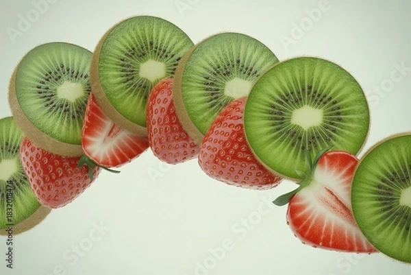 Fototapeta Fresh sliced kiwi and strawberries arranged in a curve isolated on white background
