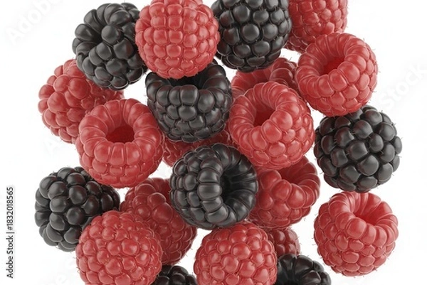 Fototapeta Pile of fresh raspberries and blackberries isolated on white background