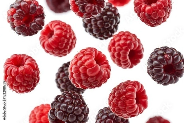 Fototapeta Fresh ripe raspberries and blackberries scattered isolated on white background