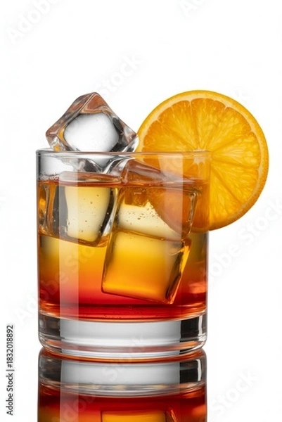 Fototapeta Refreshing orange cocktail with ice and orange slice isolated on white background