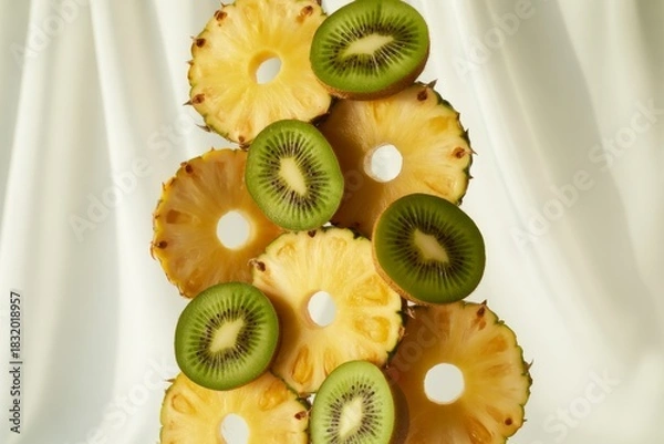 Fototapeta Stack of sliced pineapple and kiwi fruit isolated on white background