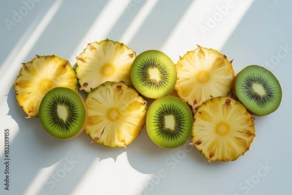 Fototapeta Sliced kiwi and pineapple laid out in a pattern isolated on white background