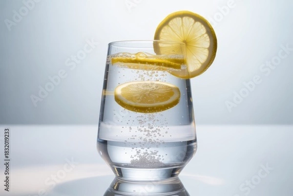 Fototapeta Glass of clear water with lemon slices isolated on white background
