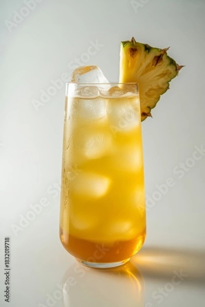 Fototapeta Refreshing golden cocktail with ice and pineapple garnish isolated on white background