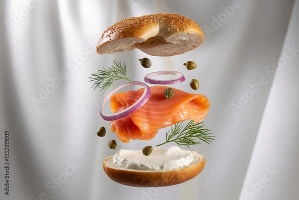 Fototapeta Floating bagel with smoked salmon cream cheese and capers isolated on white background