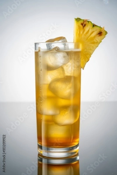 Fototapeta Refreshing iced cocktail with pineapple garnish isolated on white background