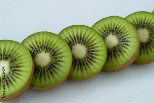 Fototapeta Freshly sliced kiwi fruits in a row isolated on white background