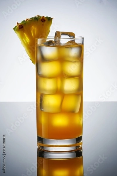 Fototapeta Refreshing golden cocktail with ice and pineapple garnish isolated on white background
