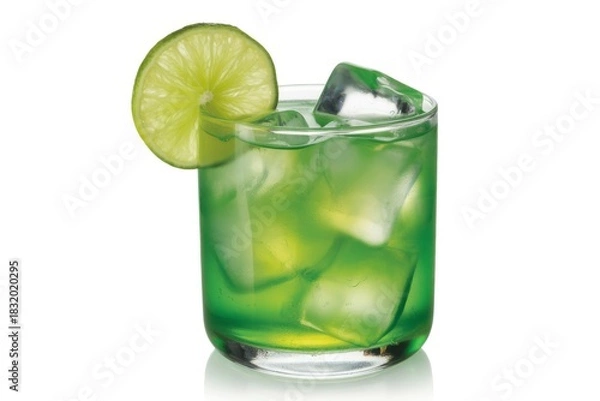 Fototapeta Refreshing green cocktail with lime and ice isolated on white background
