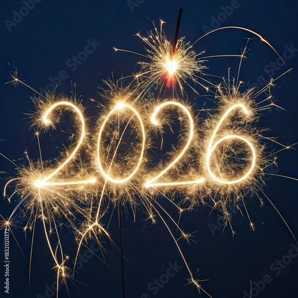 Fototapeta Sparkler light forming 2026 on deep navy background