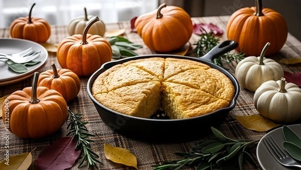 Fototapeta A rustic autumn table setting featuring a cornbread in a skillet surrounded by pumpkins and fall foliage.