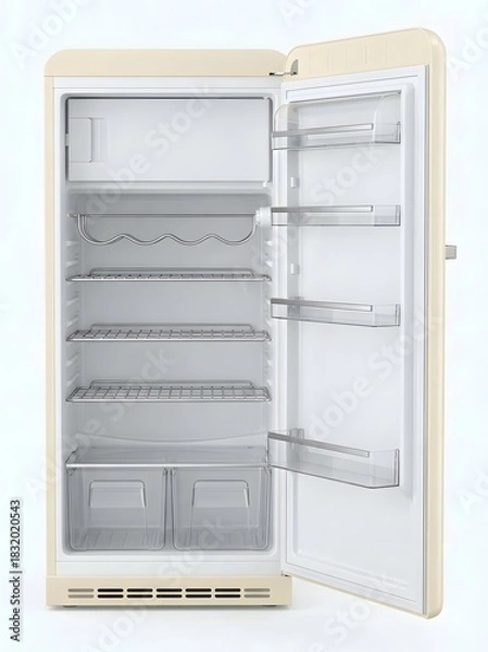 Obraz An empty, open refrigerator showcasing interior shelves, drawers, and a retro design.