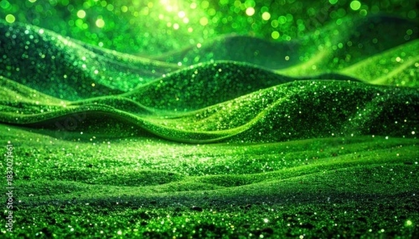 Fototapeta Abstract green undulating landscape with sparkling light particles.