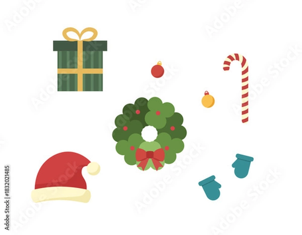 Obraz Christmas holiday elements vector collection. Festive icons set including wreath and candy cane. Flat design seasonal decoration kit.