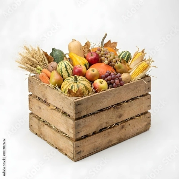 Obraz A rustic wooden crate overflowing with a colorful assortment of autumn harvest fruits, vegetables, and grains, including pumpkins, apples, corn, and squash.