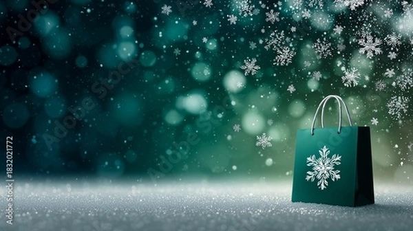 Obraz Christmas Shopping Bag with Snowflake Design on Glittering Snow Background, Festive Winter Holiday Sale and Gift Concept with Bokeh Lights and Elegant Seasonal Atmosphere