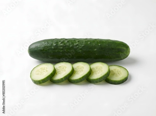 Obraz Whole cucumber with a row of sliced cucumber pieces on a clean white surface, showcasing the fresh green vegetable.