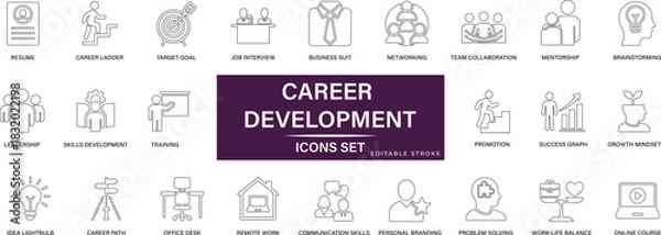 Obraz Career development icon set featuring business skill growth, training, brainstorm, success, certificate, mentor, goal, promotion, planning, and professional improvement vector symbols.