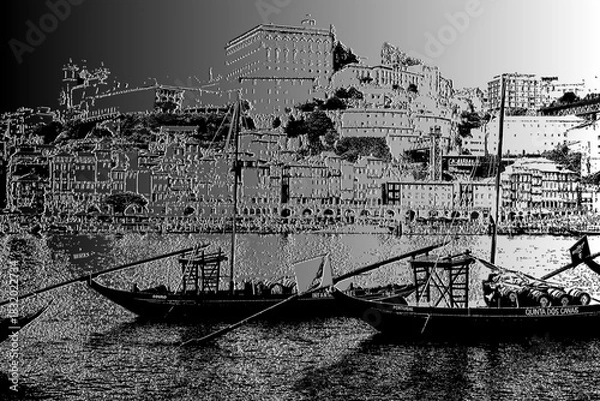 Fototapeta Grayscale image depicts a view of the Porto, Portugal waterfront, showcasing traditional Rabelo boats on the Douro River. Historic buildings and terraced houses featuring diverse architectural styles