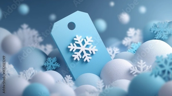 Fototapeta Blue Winter Sale Tag with White Snowflake Design Surrounded by Frosty Decorative Spheres, Minimal Seasonal Clearance and Holiday Retail Promotion Concept in Soft Icy Blue Tones
