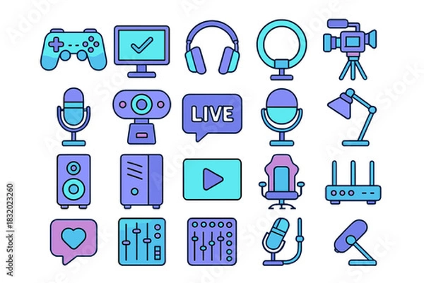 Fototapeta Colorful vector graphics depicting various streaming and gaming equipment suitable for content creators and gamers