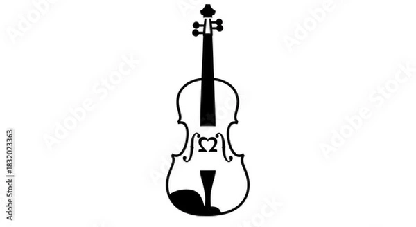 Fototapeta A black and white illustration of a violin with a heart shaped f hole and tuning pegs at the top silhouette