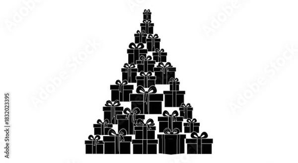 Fototapeta A christmas tree made of black gift boxes with bows stacked on top of each other on a white background silhouette