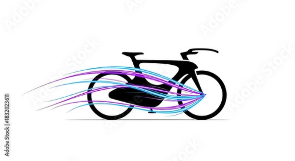 Fototapeta A black silhouette of a bicycle with blue and purple motion lines on a white background design art