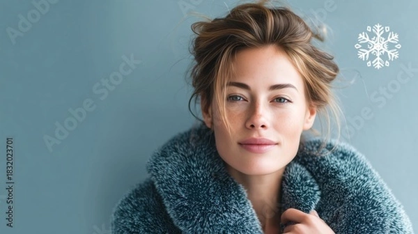 Fototapeta Elegant Woman in Luxurious Winter Coat with Soft Blue Background and Snowflake Accent, Modern Fashion Portrait Highlighting Seasonal Style and Cold Weather Elegance