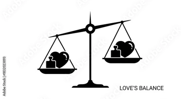 Fototapeta A black and white illustration of a balance scale with hearts and weights on each side of the scale silhouette
