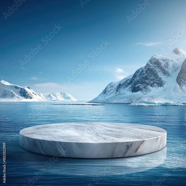 Fototapeta Round marble pedestal in center of arctic landscape with icebergs and snow-covered mountains under clear blue skies, serene winter scene