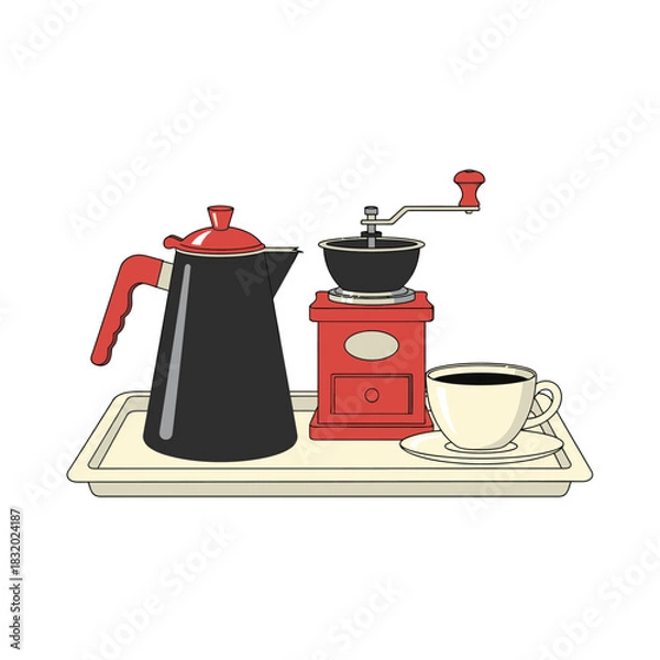 Fototapeta Artistic depiction of retro coffee brewing setup showcasing a vintage grinder and server
