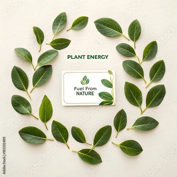 Fototapeta Circular arrangement of green leaves with a branding card