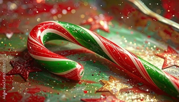Fototapeta Close up of a festive red and green striped candy cane with sparkling glitter and stars.