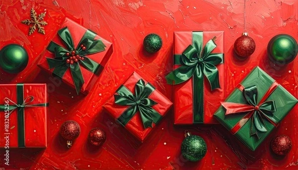 Fototapeta Vibrant Christmas Gifts and Ornaments Displayed on a Textured Red Surface.