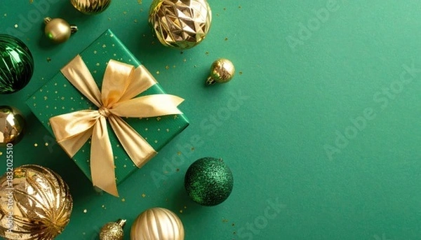 Fototapeta Festive green gift box with gold ribbon and Christmas ornaments scattered on a green background.